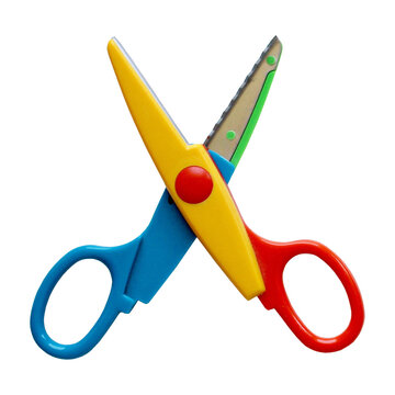 Bright multi-colored children's safety scissors featuring a yellow handle, blue grip, red pivot button, and green decorative blade casing. Paper-cutting tool, school supplies, crafting accessory..