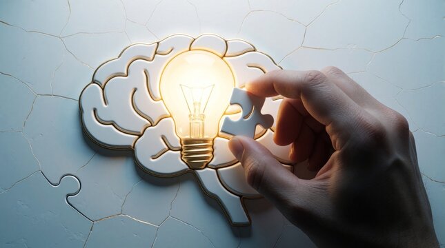 Human hand places lightbulb shaped puzzle piece into brain silhouette. Concept of bright idea, creative thinking, problem solving. Intelligence meets innovation as person completes mental jigsaw to