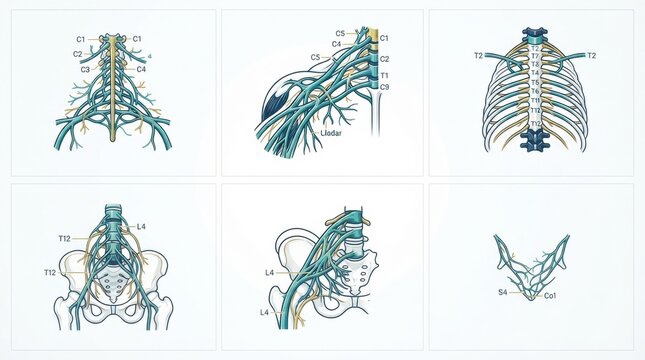 Detailed overview of peripheral nerve anatomy including nerve plexus and spinal nerves. It highlights various key regions and connections.