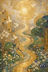 Fototapeta premium A golden, mosaic-style landscape with doves and a winding path.