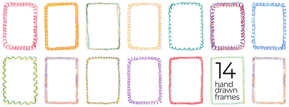 Bicolored crayon doodle rectangular frames set isolated on transparent background. Playful hand drawn wax pastel scribble wavy borders collection for scrapbooking, photo frames, funky posters