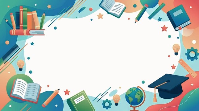 ​Back to school background frame with colorful books, graduation cap, globe, and study supplies on colorful vector banner
