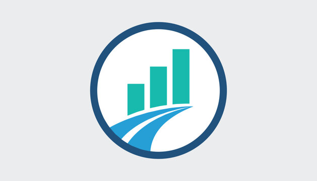 Business growth path logo showing a turquoise bar chart on a blue curved road inside a dark circular frame.