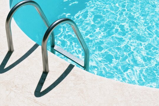 Minimalist outdoor swimming pool featuring a stainless steel ladder leading into clear turquoise water with sunlight creating vibrant rippling patterns on the surface