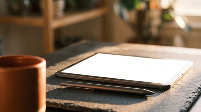 Blank tablet screen mockup with stylus pen and ceramic cup on dark stone desk in warm sunlight