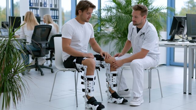 Man with leg exoskeleton receives physiotherapy assessment in a bright modern rehabilitation clinic with colleagues in background
