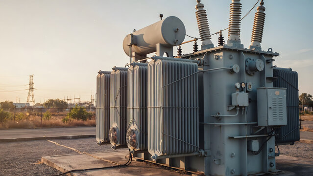 Large outdoor electrical power transformer station standing on a concrete pad with transformer electrical electricity industrial infrastructure
