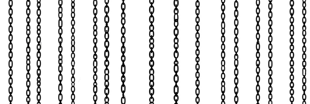 A series of small, vertical, black chains hung vertically against a clean white backdrop. A monochromatic seamless pattern. A flat vector graphic illustration. With texture.