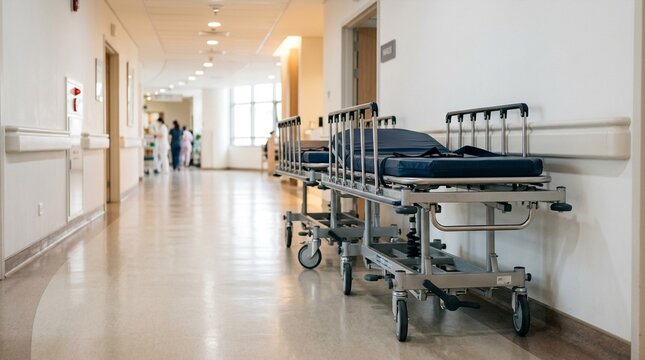 Clean hospital corridor with rolling stretchers against white walls and soft lighting