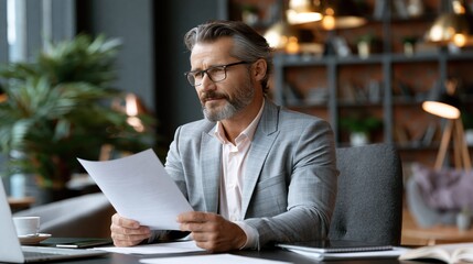 Obraz premium Mature businessman in glasses reading document with focused expression in modern office with warm lighting