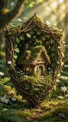 Fototapeta premium Enchanting tiny cottage nestled in forest, encased by branch shield. Mossy roof, glowing windows, small stone stpic lead to green door. Whimsical nature abode.