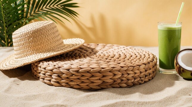 Straw hat rests on woven circle mat. Green smoothie, coconut, palm leaf on sand. Warm beige backdrop suggests summer beach relaxation and tropical refreshment.