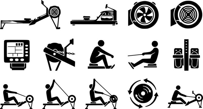 Rowing Machine Icon Set with Indoor Rowers, Flywheel Trainers, Digital Displays and Seated Exercise Variations
