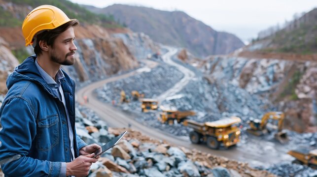 Mining engineer with tablet overseeing operations in an open pit mine during daylight with heavy machinery visible