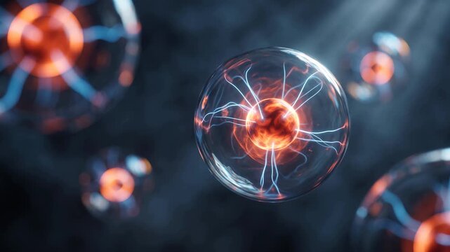 Slow motion footage of glowing energy plasma spheres with electrical lightning discharges radiating in a dark scientific laboratory quantum physics visualization.