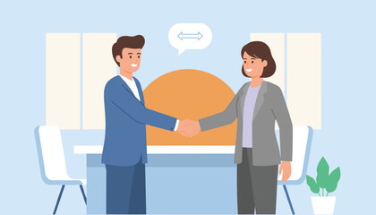 Obraz premium Handshake between a businessman in a blue suit and a businesswoman in a gray blazer inside a modern office room.