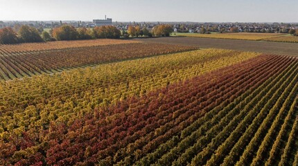 Fototapeta premium Aerial drone view of large vineyard during autumn season. Colorful grape vines in rows show red yellow, orange hues. Rural landscape with farm buildings, small town near horizon under bright sky.