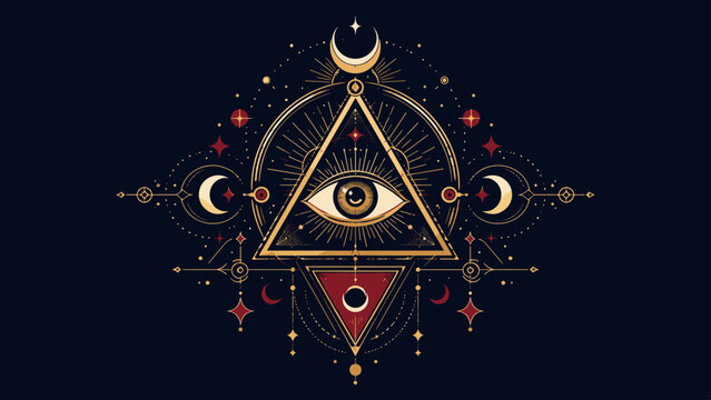 Sacred geometry eye of providence symbol with celestial moon and stars