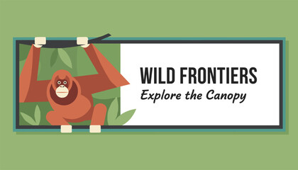 Fototapeta premium Wild frontiers banner template featuring cute cartoon orangutan hanging from a tree branch in the jungle.