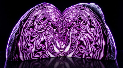 Obraz premium Cross section of fresh purple cabbage on a reflective black surface with dramatic lighting.
