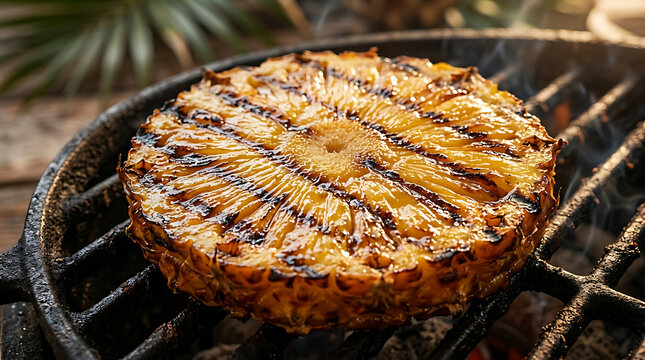 Grilled pineapple slice with distinct char marks cooking over hot charcoal on a barbecue grill pineapple barbecue charcoal tropical delicious appetizer