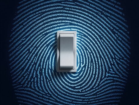 Fingerprint pattern overlays light switch. Implies identity verification security or obsessive checking. Represents personal data privacy and digital footprint.