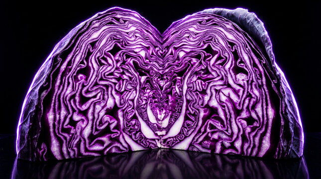 Cross section of fresh purple cabbage on a reflective black surface with dramatic lighting.