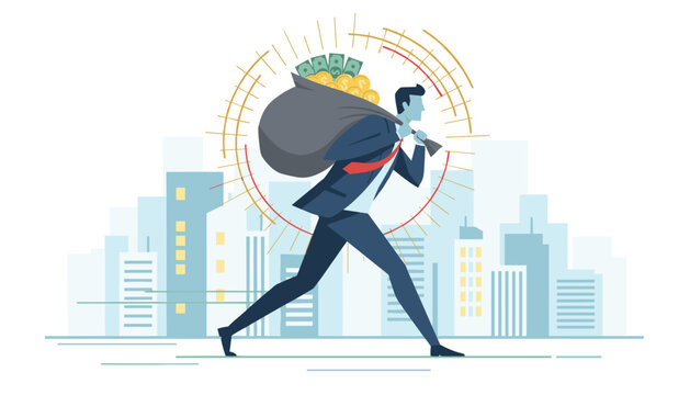 Successful businessman carrying huge money sack with golden coins on city skyline background vector concept.