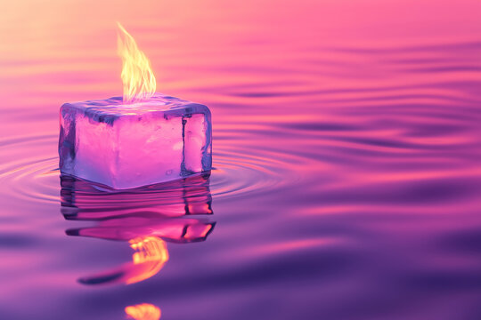Fire and cube theme expressed through sunset and duality in a striking creative scene. Concept illustration combining red and unique in a refined conceptual setting. Additional features include smoke.