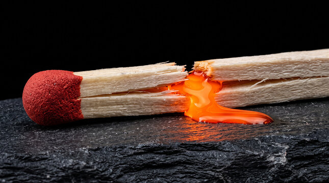 Broken wooden matchstick with glowing molten liquid core on dark stone background