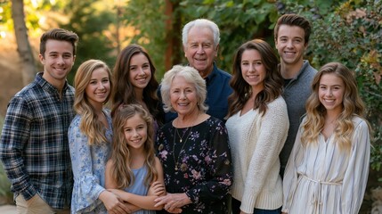 Obraz premium Multi-generational family posing outdoors during golden hour with soft natural light and warm atmosphere conveying unity