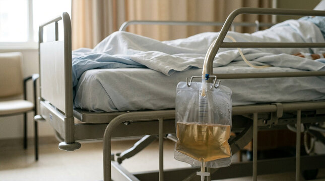 Patient resting in hospital bed with bedpan catheter bag attached for medical care