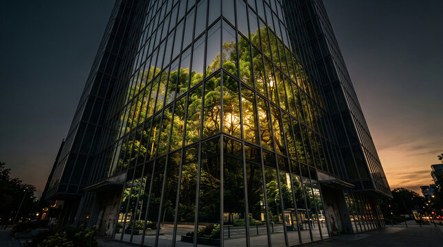 Modern architectural structure with illuminated tree at night, urban green design concept.