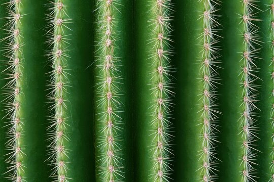 Tall green columnar cactus with parallel vertical ribs and deep grooves, showcasing clusters of tiny pale spines and fine white hairs in extreme macro close-up