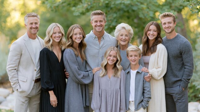 Multi-generational family posing in soft outdoor light with gentle bokeh for a warm cohesive portrait
