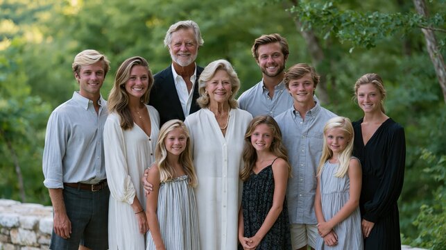 Multi-generational family posing outdoors during a sunny day with a soft bokeh background representing unity and heritage
