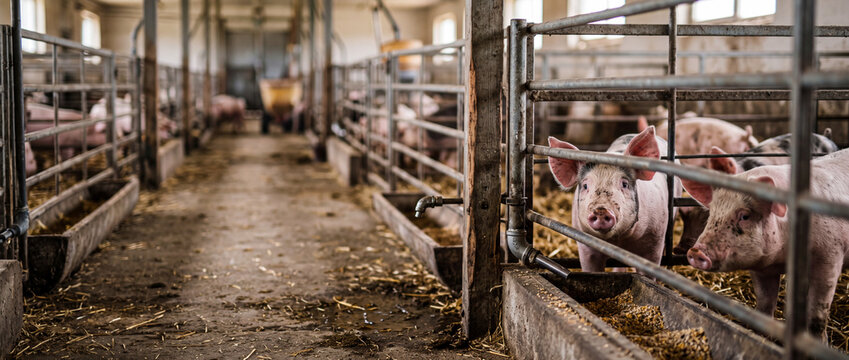 Young pigs looking from pens in pigsty