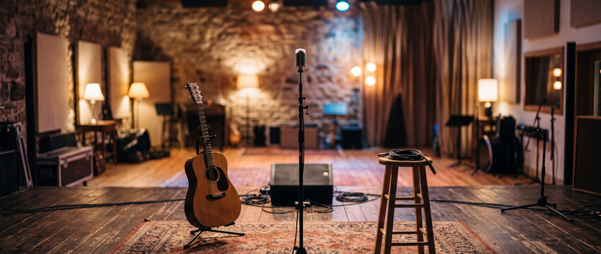 Acoustic guitar and vintage microphone in recording studio