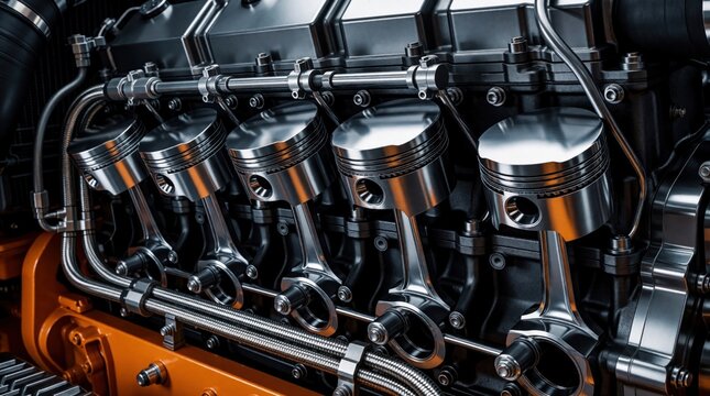 Close up view of powerful truck engine parts. Metallic pistons, connecting rods arranged in rows. Heavy duty automotive machinery shows complex mechanical structure, precision engineering. Industrial