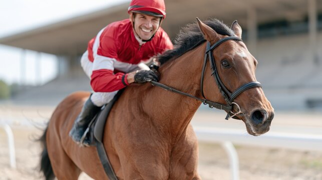 Jockey in red and white uniform riding a brown horse at a racetrack, smiling while approaching the finish line with grandstands visible in the background
