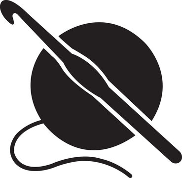 Black silhouette of a crochet hook resting diagonally across a round ball of yarn with a trailing thread, isolated on a white background