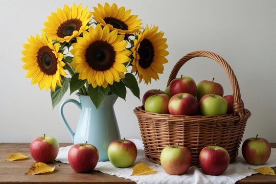 Bright sunflowers in vase sit on wooden table with basket of fresh apples and fallen autumn leaves. Still life composition reflects harvest season abundance and natural beauty.