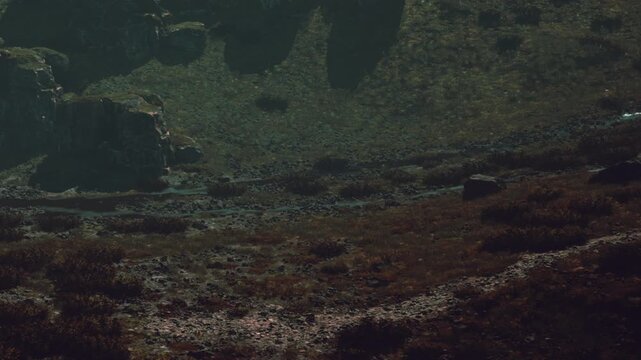 A view of a valley with rocky formations and a misty atmosphere. Sparse vegetation is visible on the ground. The scene appears empty with few details in the background.