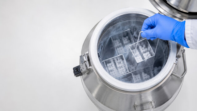 Cryopreservation IVF embryo sperm egg storage in liquid nitrogen tank for fertility reproductive medicine laboratory vat