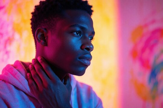 Young Black man with hand on neck in neon lighting. He looks thoughtful, possibly sad or stressed, with vibrant pink and yellow colors surrounding him. Mental health theme.