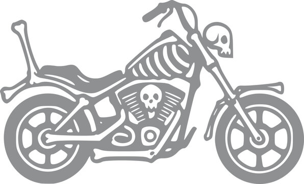Gray silhouette of a custom chopper motorcycle featuring a skeleton ribcage frame, skull headlight, and bone-shaped sissy bar on a white background