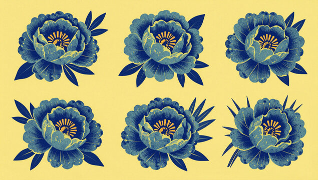 Blue, detailed floral illustrations on a pale yellow background.