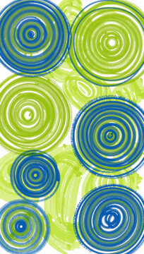 Abstract circles of blue and bright green paint.