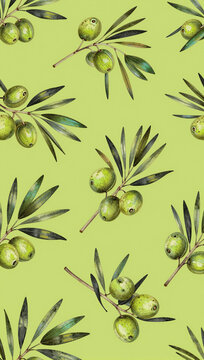Green olive branch seamless pattern on light green.