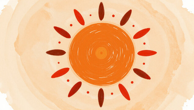 Watercolor sun illustration, warm orange and red hues.